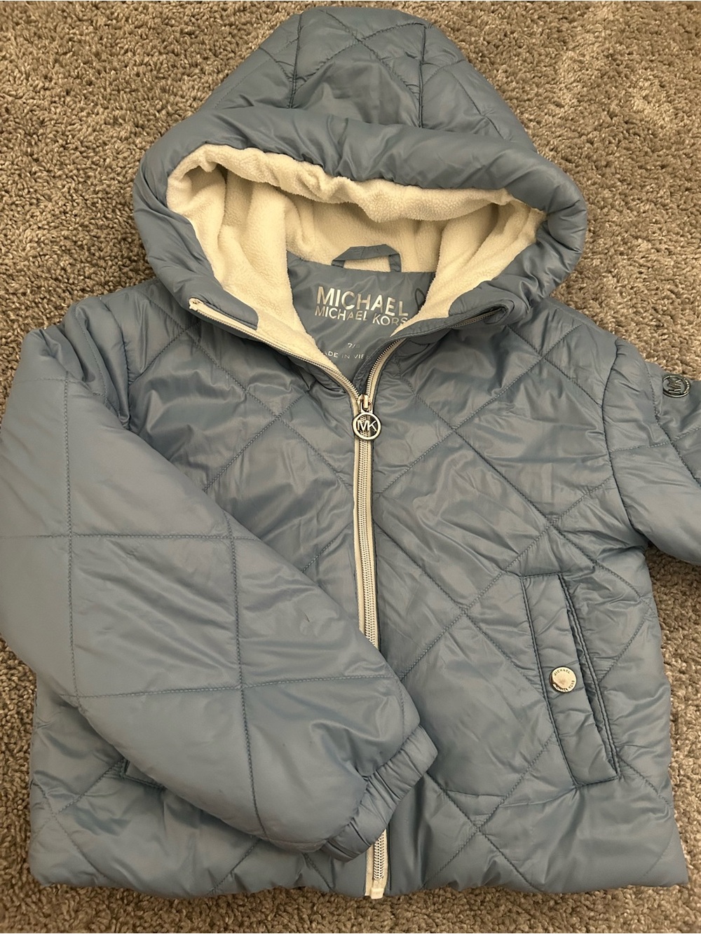 Michael Kors Kids Light Blue Quilted Hooded Puffer Jacket with Cream Lining